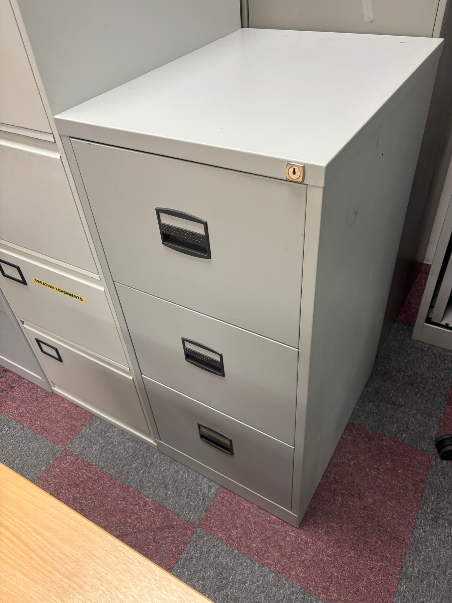 Used Three Drawer Filing Cabinet In Silver