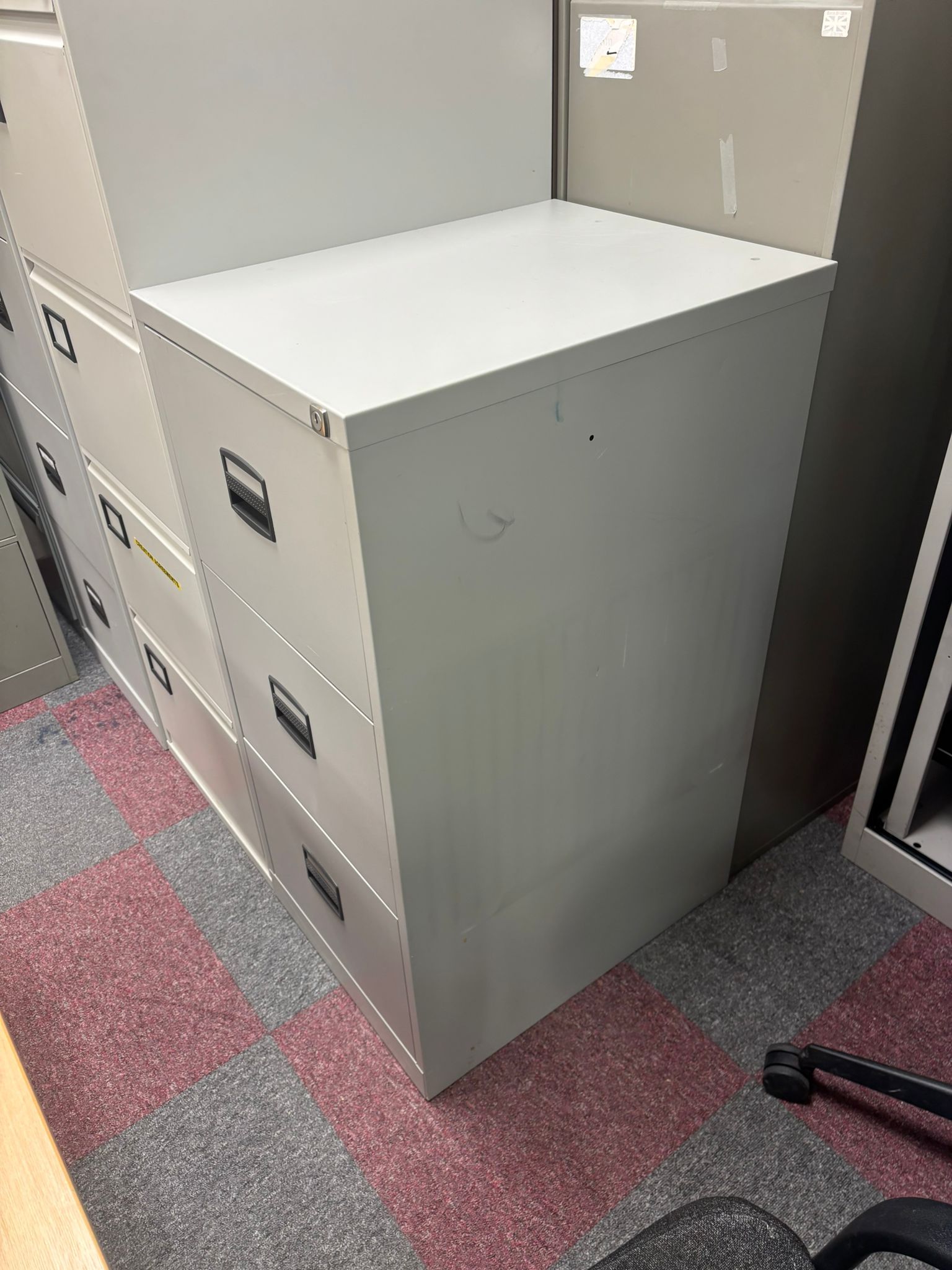 Used Three Drawer Filing Cabinet In Silver
