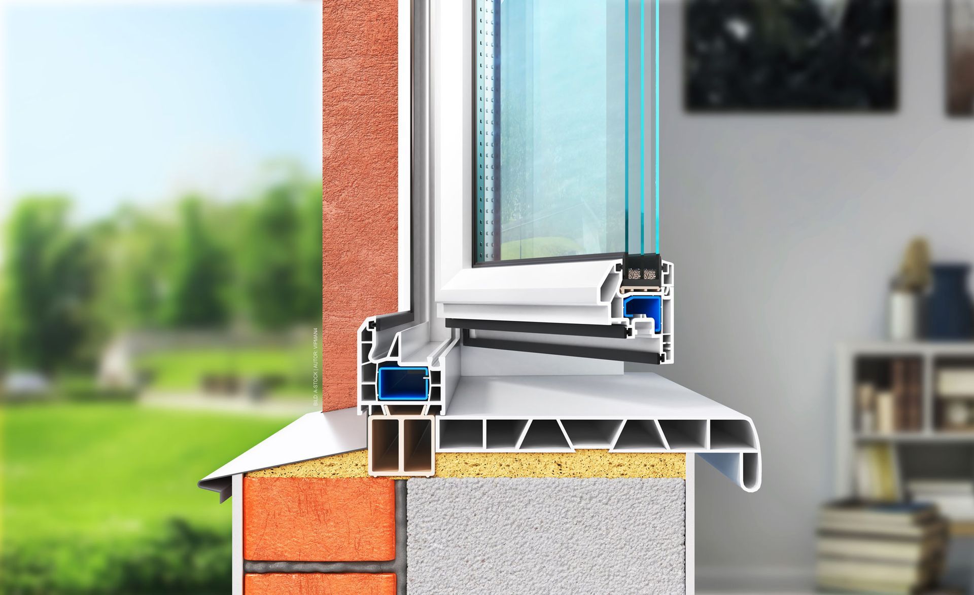 Eine Nahaufnahme eines Fensters an einer Ziegelwand in einem Wohnzimmer. Fensterprofile von Terrassenwelten Frank Merz
