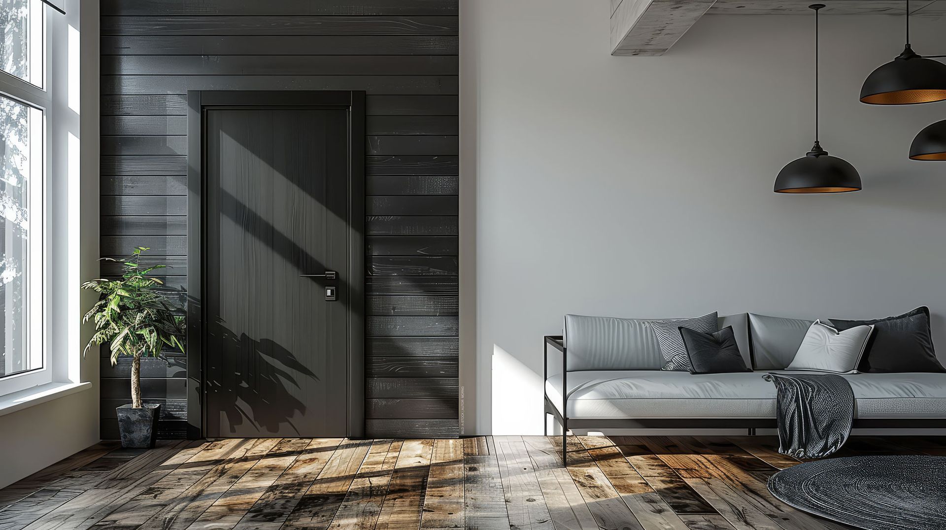 Ein Wohnzimmer mit einer Couch und einer schwarzen Tür. Türen von Terrassenwelten Frank Merz