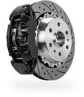 Black and silver ventilated disc brake assembly on a white background | Len's Automotive