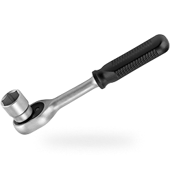 Black-handled ratchet wrench with socket on a white background | Len's Automotive