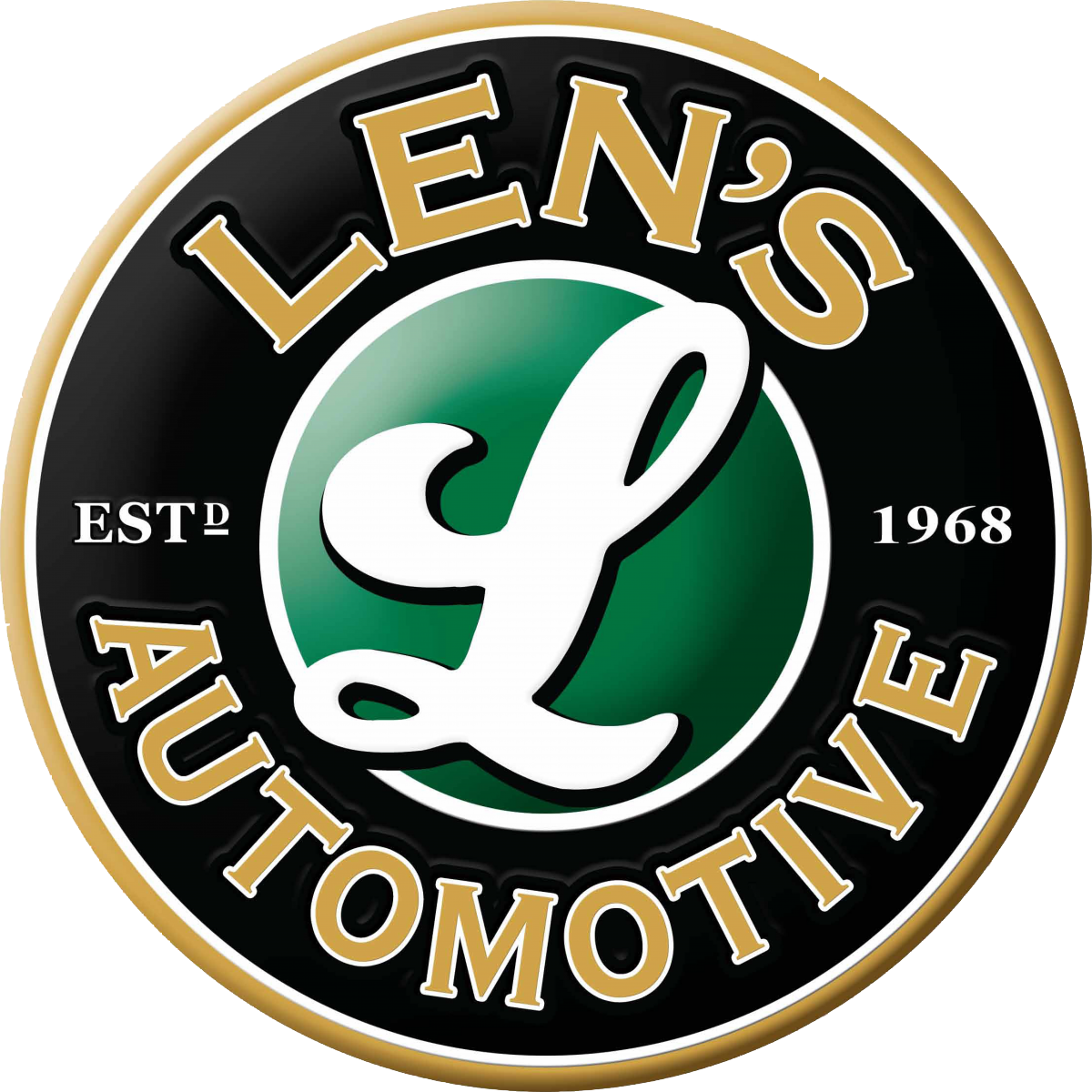 Len’s Automotive logo with gold text around a green circle and white “L” on black background | Len's Automotive