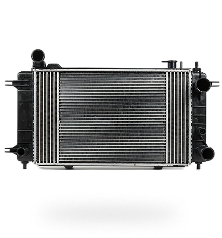 Black automotive radiator with silver cooling fins on a white background | Len's Automotive