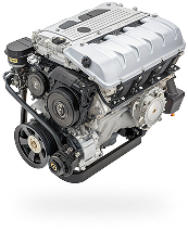 Compact silver car engine with visible belts, pulleys, and black mounting bracket on a white background | Len's Automotive