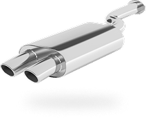 Chrome dual exhaust muffler with two round tailpipes on a white background | Len's Automotive