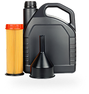 Black oil container with funnel and orange pleated filter on white background | Len's Automotive