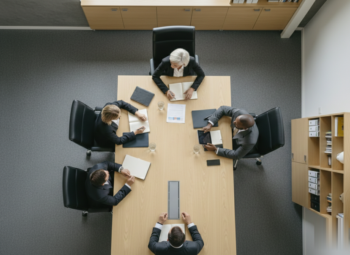 A high-angle view of five people seated around a rectangular conference table in an office setting. A high-angle view of five people seated around a rectangular conference table in an office setting.