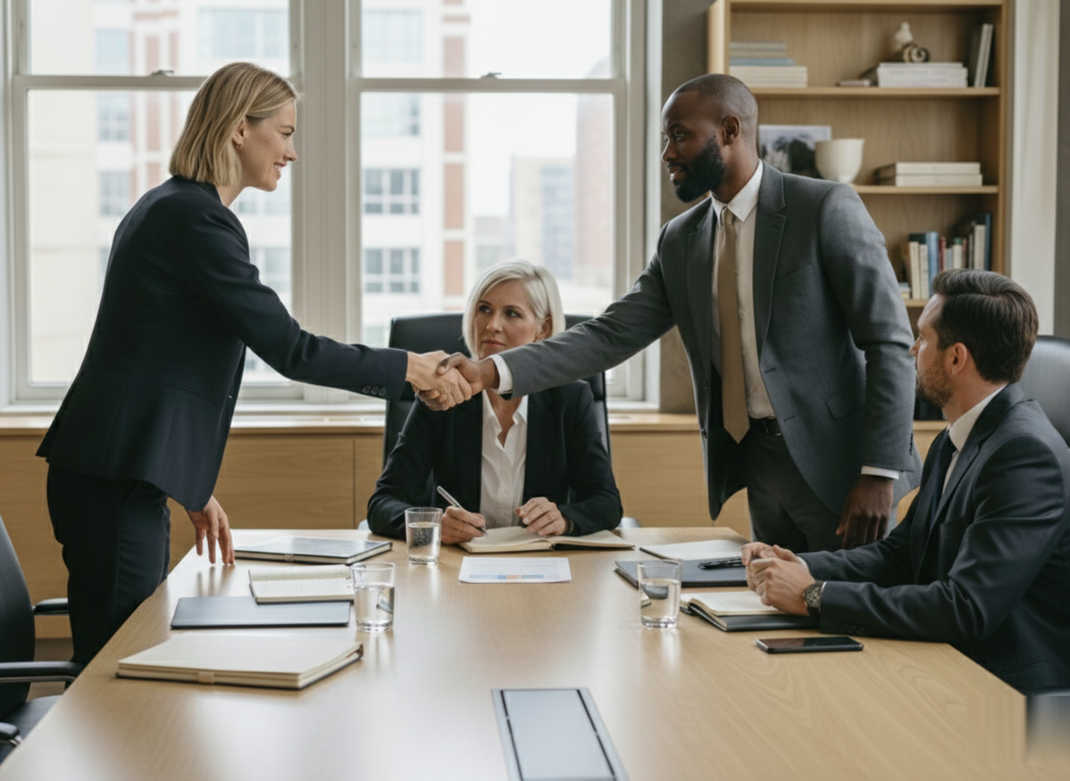 People shaking hands at a conference table, in an office setting. People shaking hands at a conference table, in an office setting.
