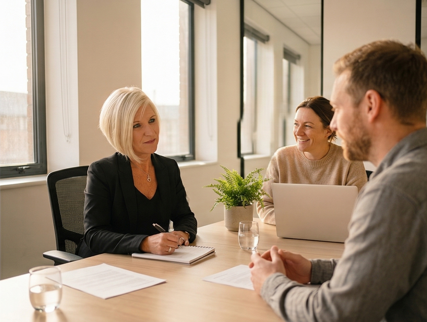A professional meeting in a sunlit office where three people sit around a wooden table with documents and a laptop. A professional meeting in a sunlit office where three people sit around a wooden table with documents and a laptop.