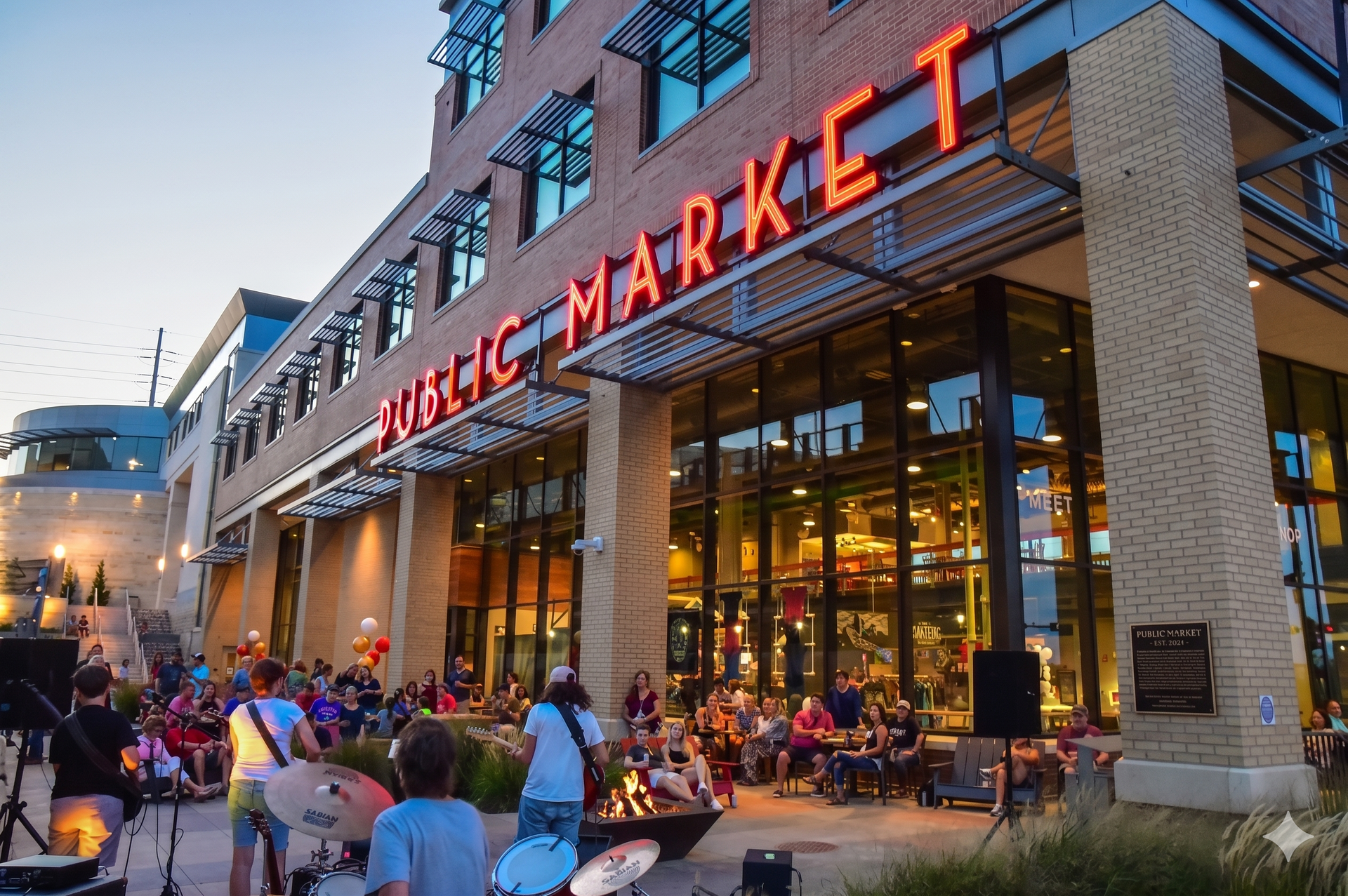 Outdoor seating at Pike Place Market at dusk, with people dining under the glowing market sign.