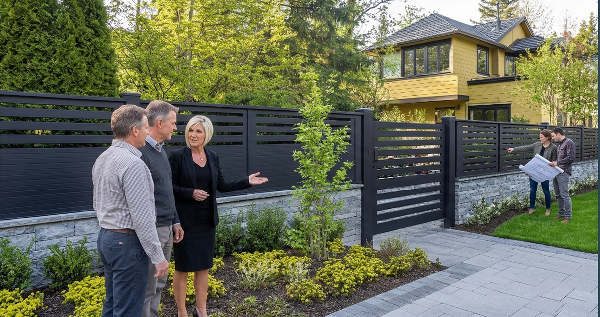 Three people stand in a landscaped yard next to a modern black fence, while two others review plans near a house.