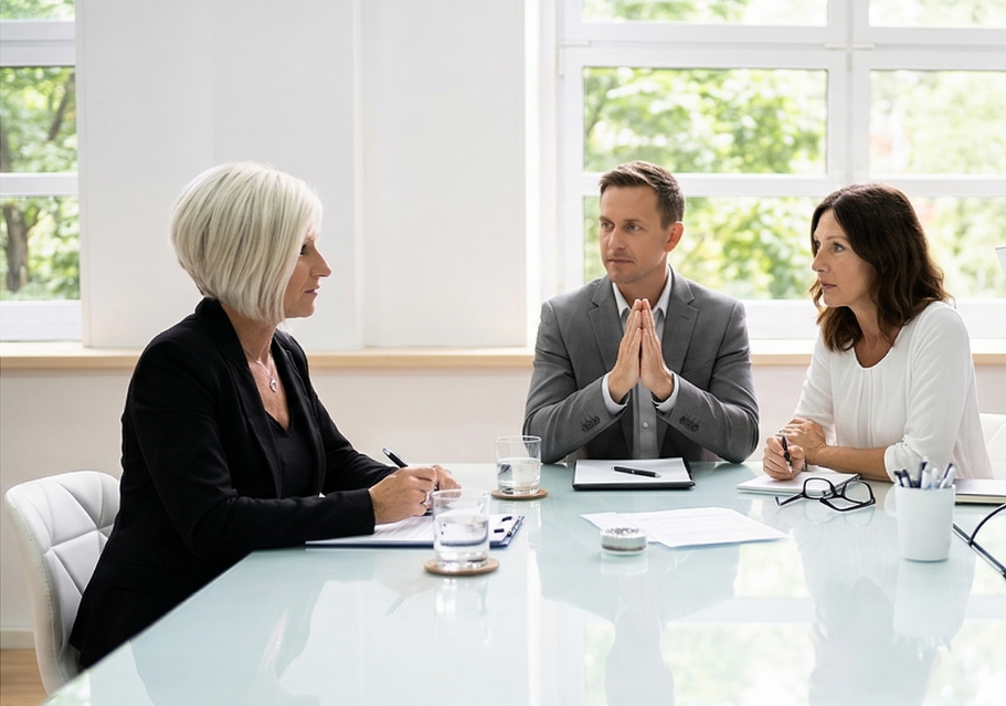 Three people in business attire sit around a bright table in a modern office, engaged in a professional meeting.