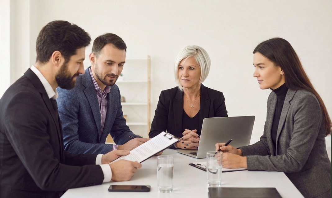 Four coworkers in a meeting around a table, reviewing documents and a laptop in a bright office.