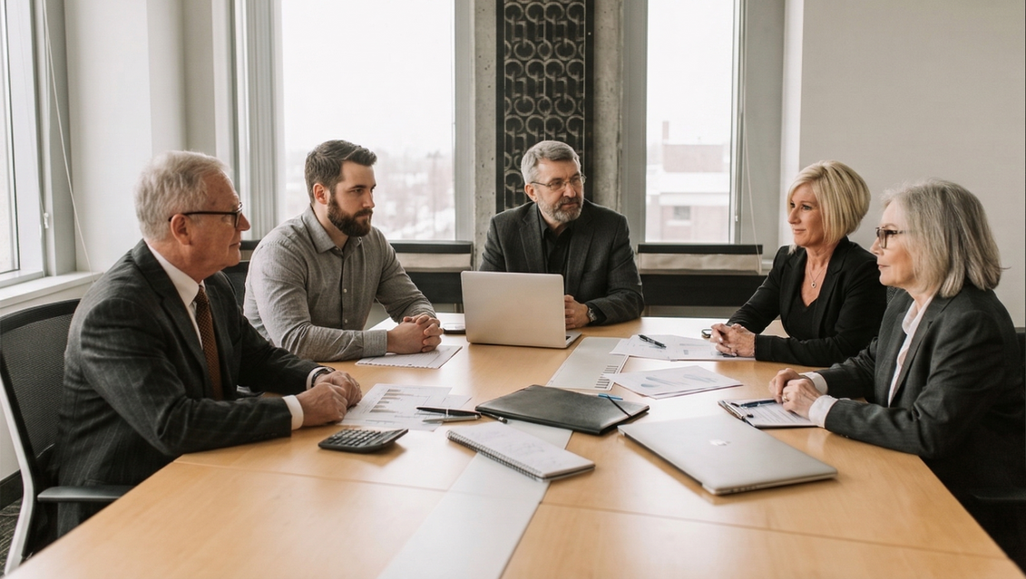 Five business professionals sit around a wooden table in a bright, modern office, reviewing documents and discussing work. Five business professionals sit around a wooden table in a bright, modern office, reviewing documents and discussing work.