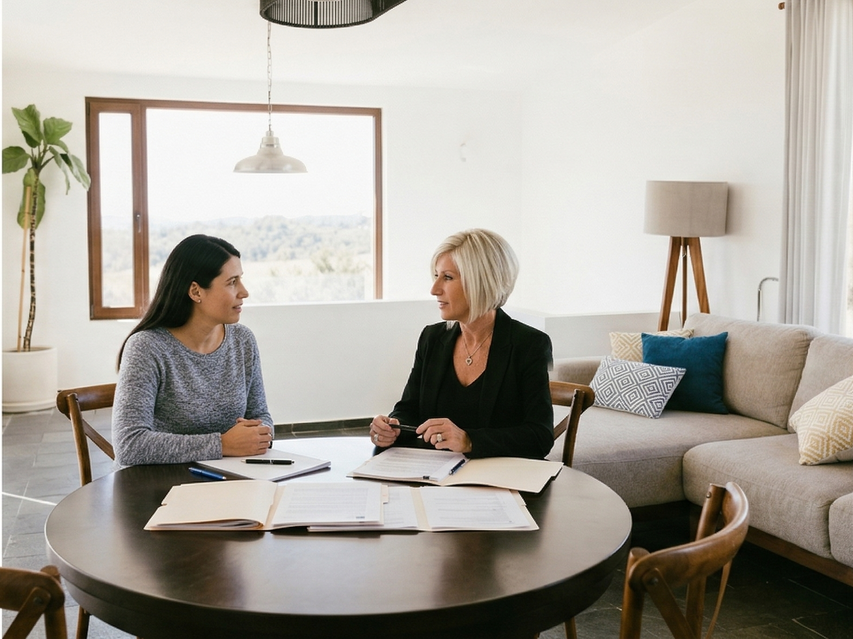 Two people sit at a round table in a bright room, discussing documents spread out before them.