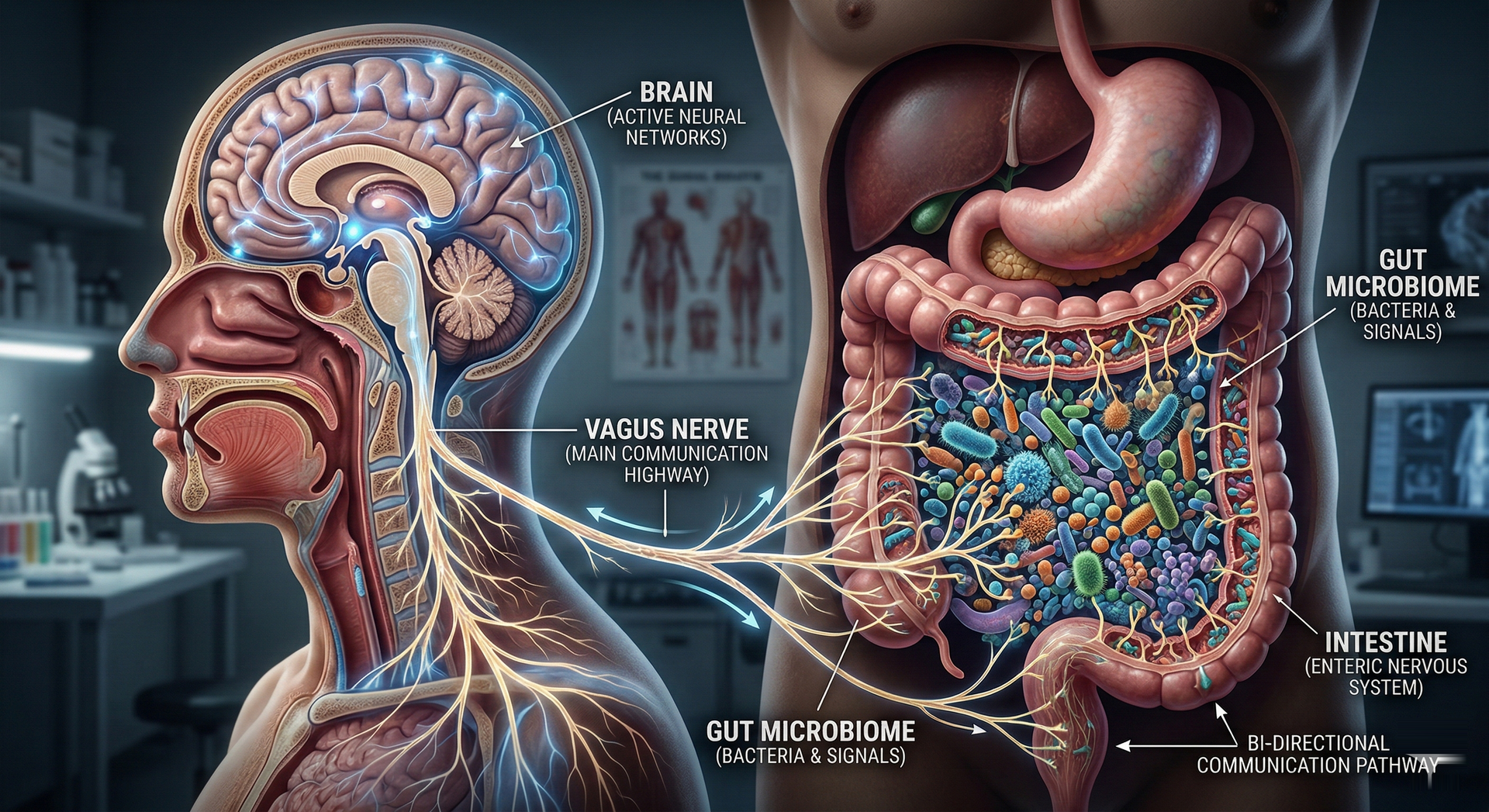 Human body anatomy diagram: brain and digestive system connected by nerves, highlighting the gut microbiome. Human body anatomy diagram: brain and digestive system connected by nerves, highlighting the gut microbiome.