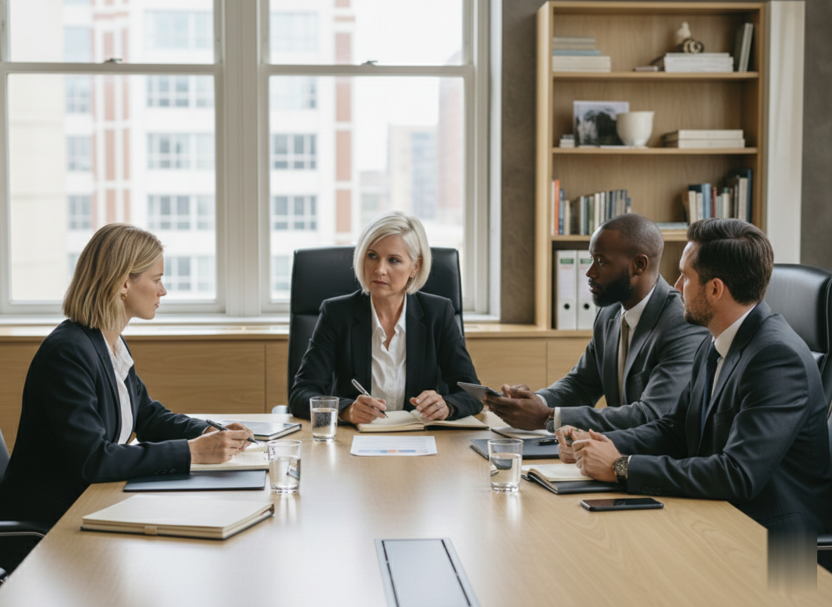 Business meeting in an office; four people seated at a conference table, discussing documents.