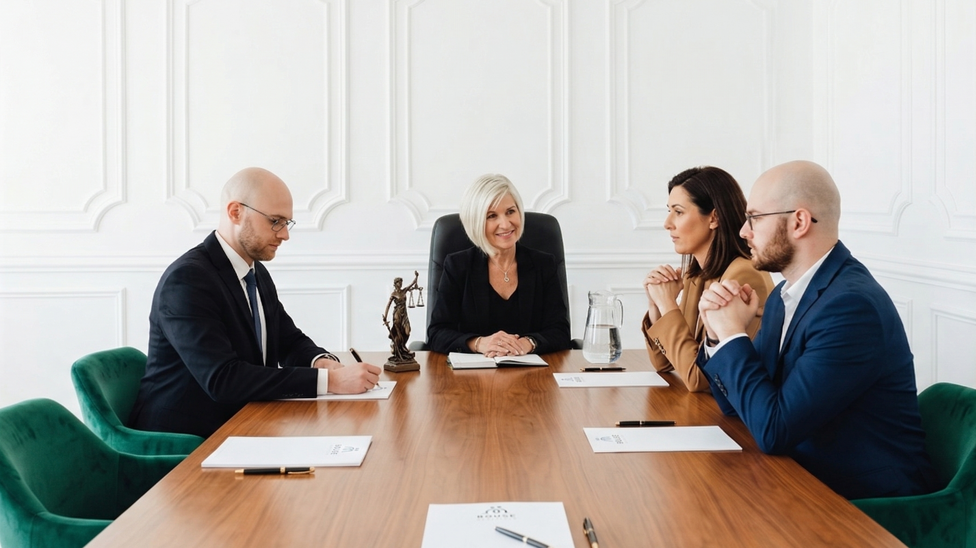 Four professionals sitting around a wooden boardroom table with a statue of Lady Justice in a bright office. Four professionals sitting around a wooden boardroom table with a statue of Lady Justice in a bright office.