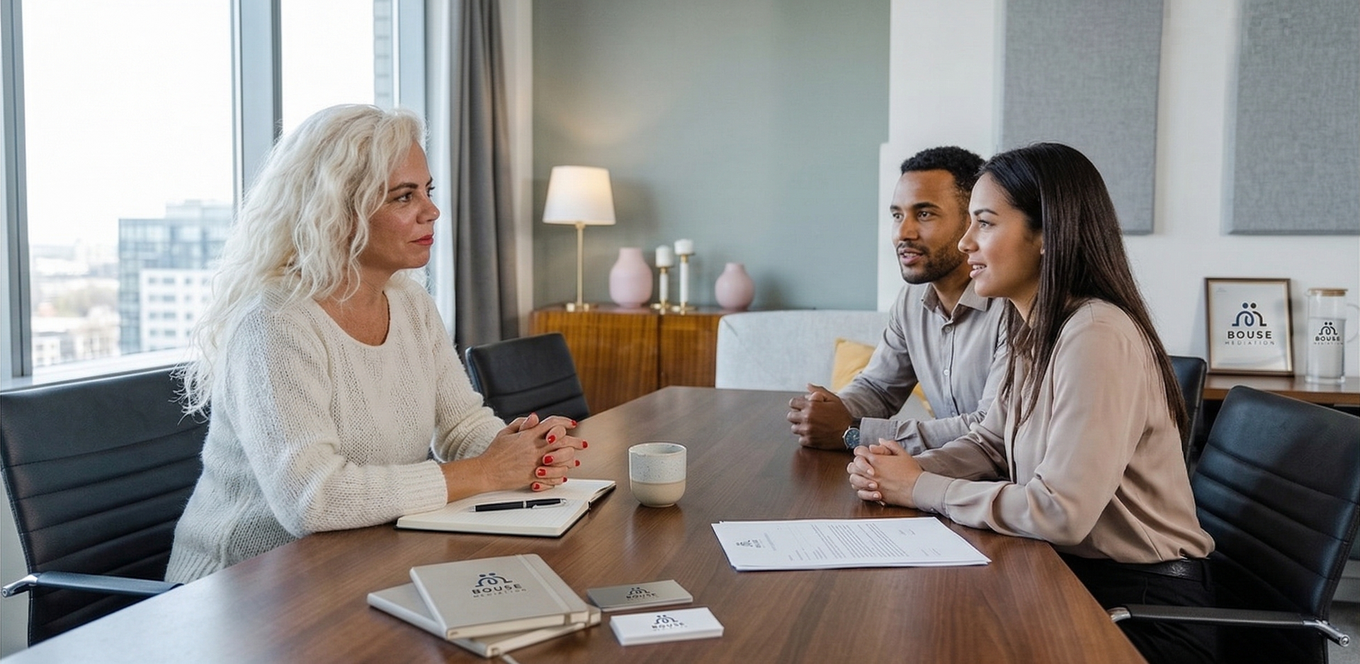 Three people sit around a wooden table in a well-lit conference room, engaged in a professional meeting. Three people sit around a wooden table in a well-lit conference room, engaged in a professional meeting.
