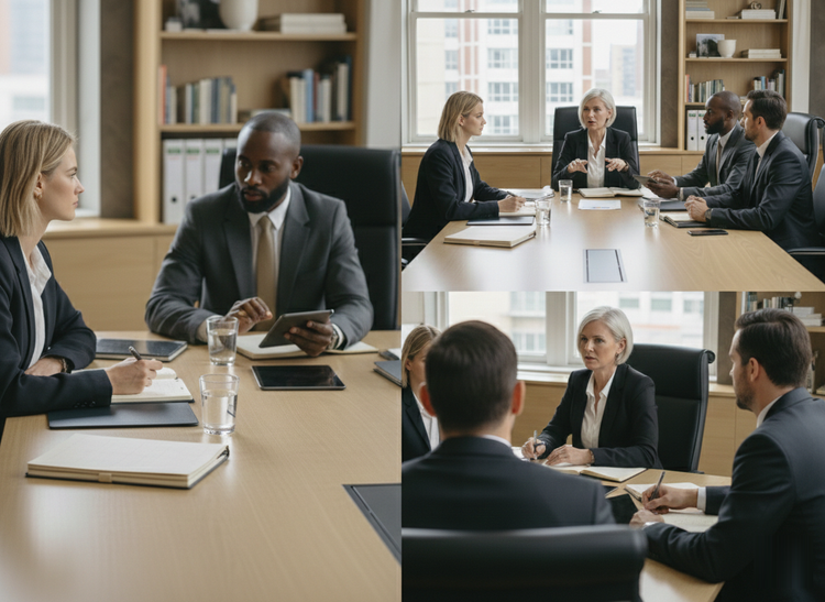 Businesspeople in suits at conference table, discussing ideas in an office setting. Businesspeople in suits at conference table, discussing ideas in an office setting.