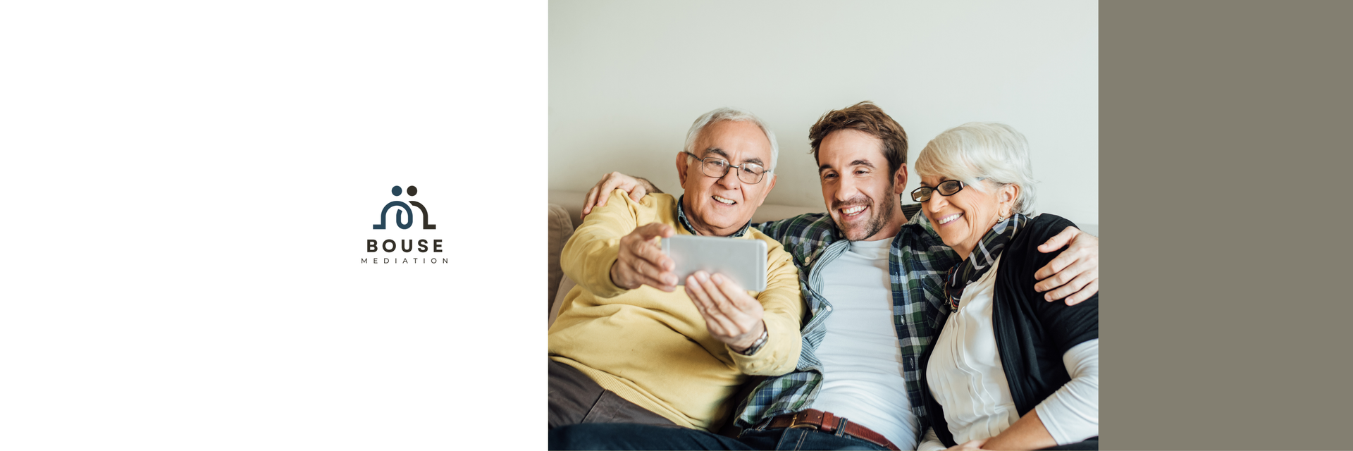 Three people smiling on a couch, with a small logo on a white background at left.