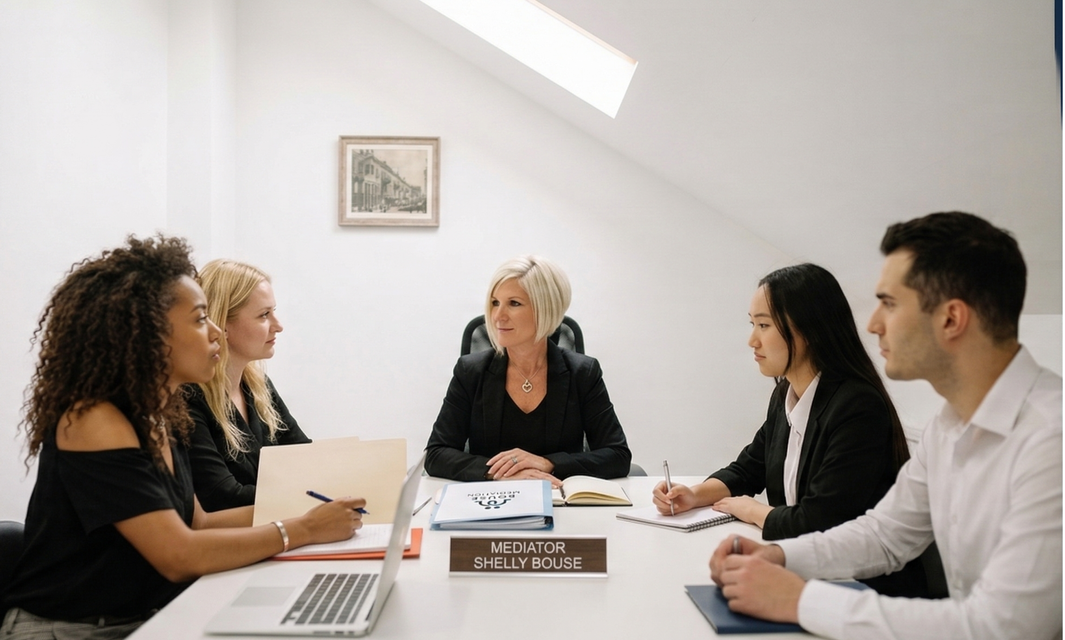 Five coworkers in a bright meeting room discussing around a table with laptops and papers