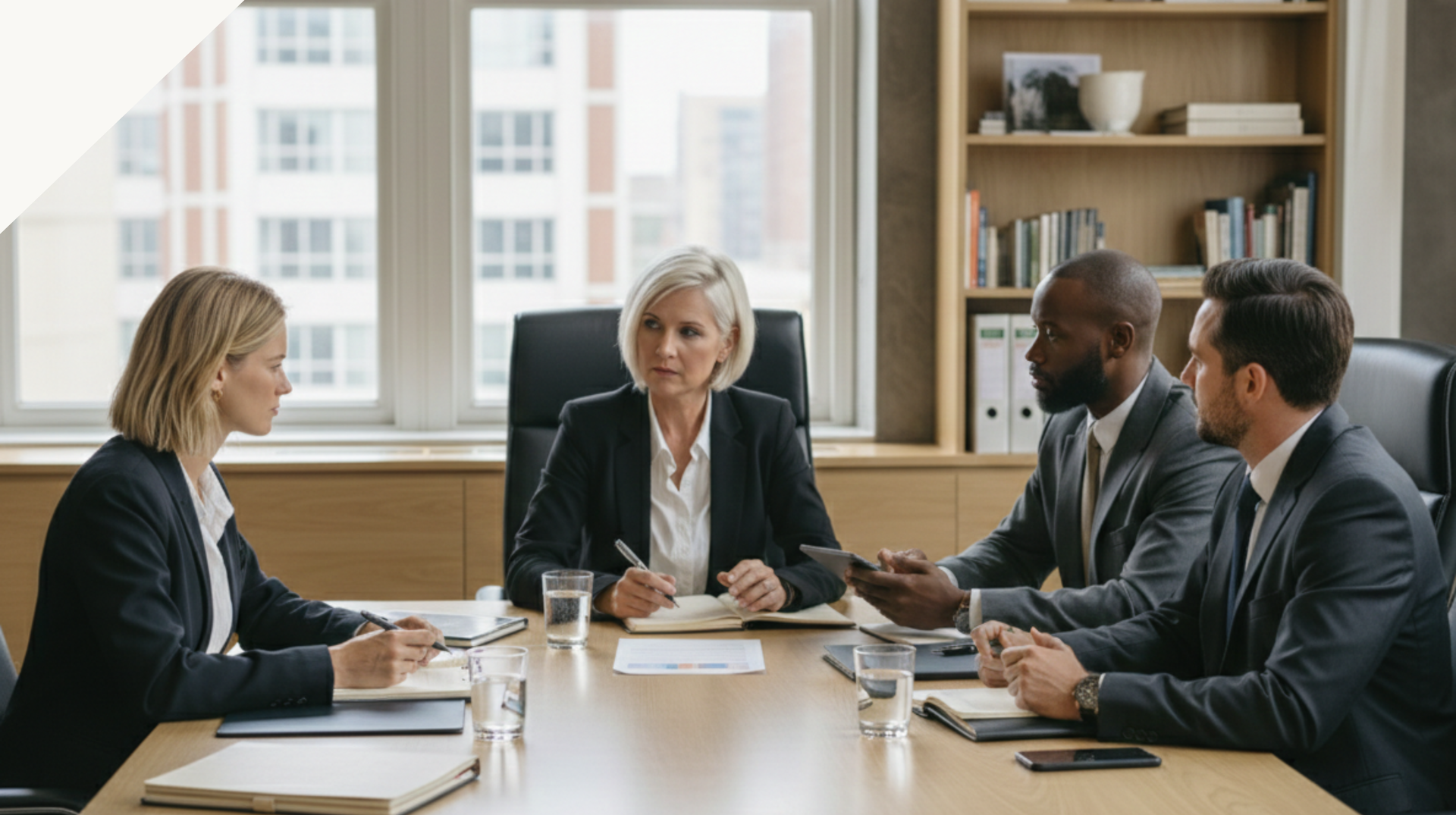 Four business professionals in suits hold a meeting around a large wooden table in a bright, modern office.