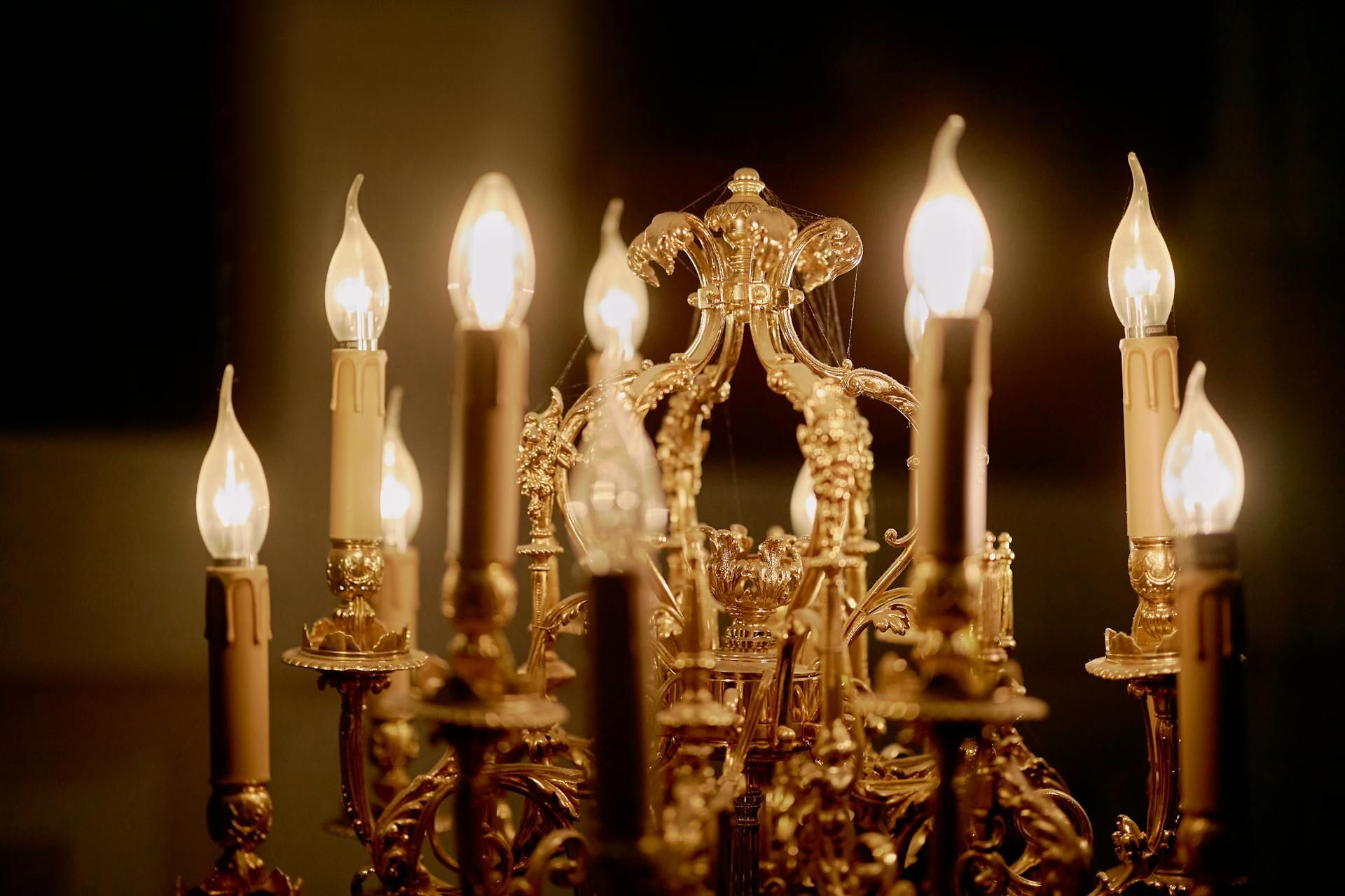 Closeup of a gold colored chandelier