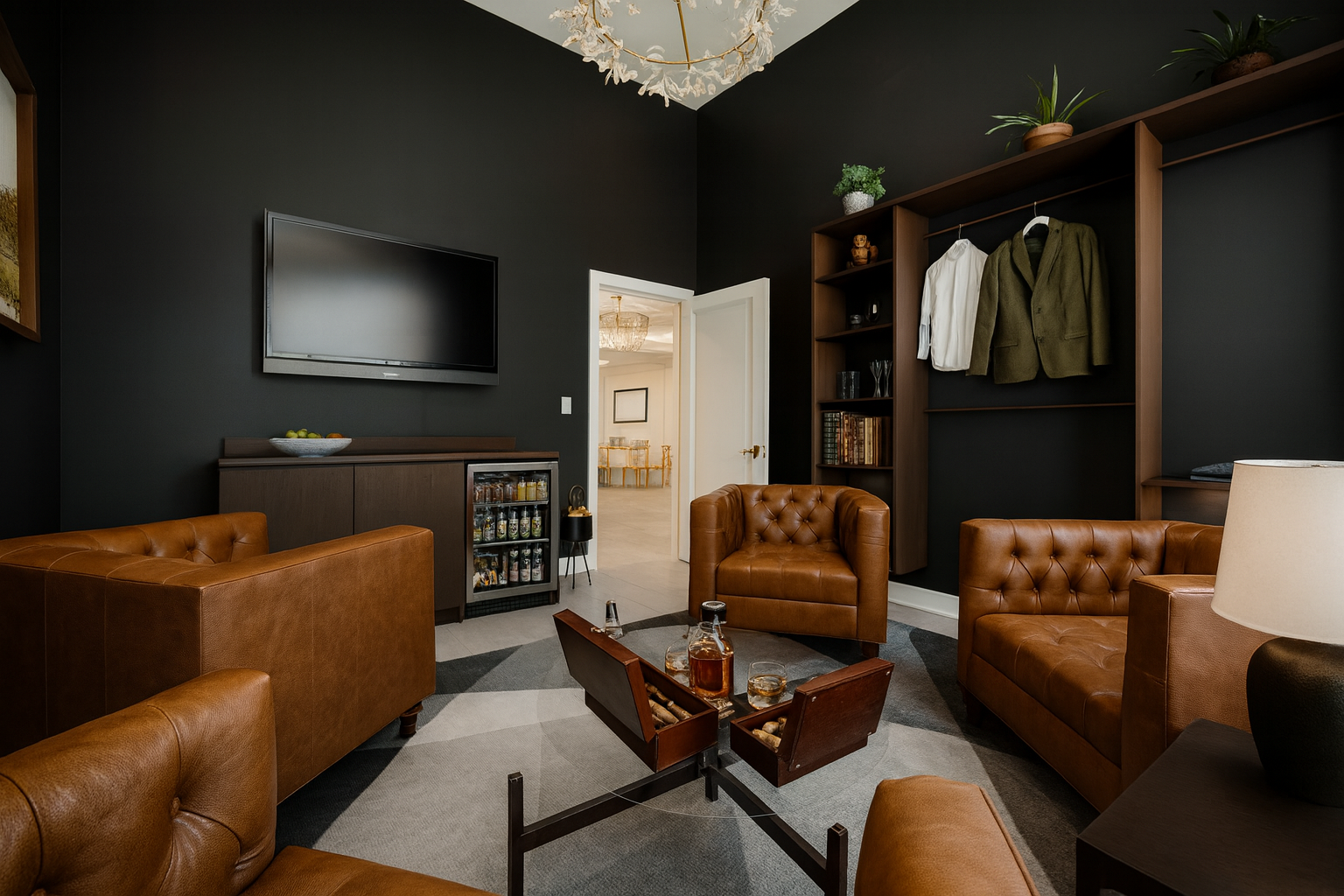 The groom's suite at Casablanca with black walls, brown furniture, a closet, and a minibar.