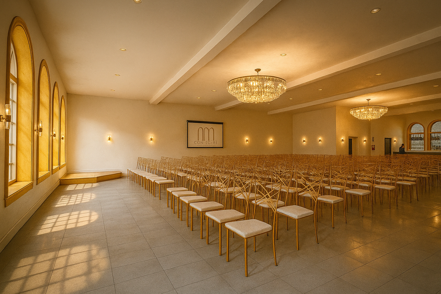 Empty event space at Casablanca with rows of chairs, chandeliers, and arched windows.