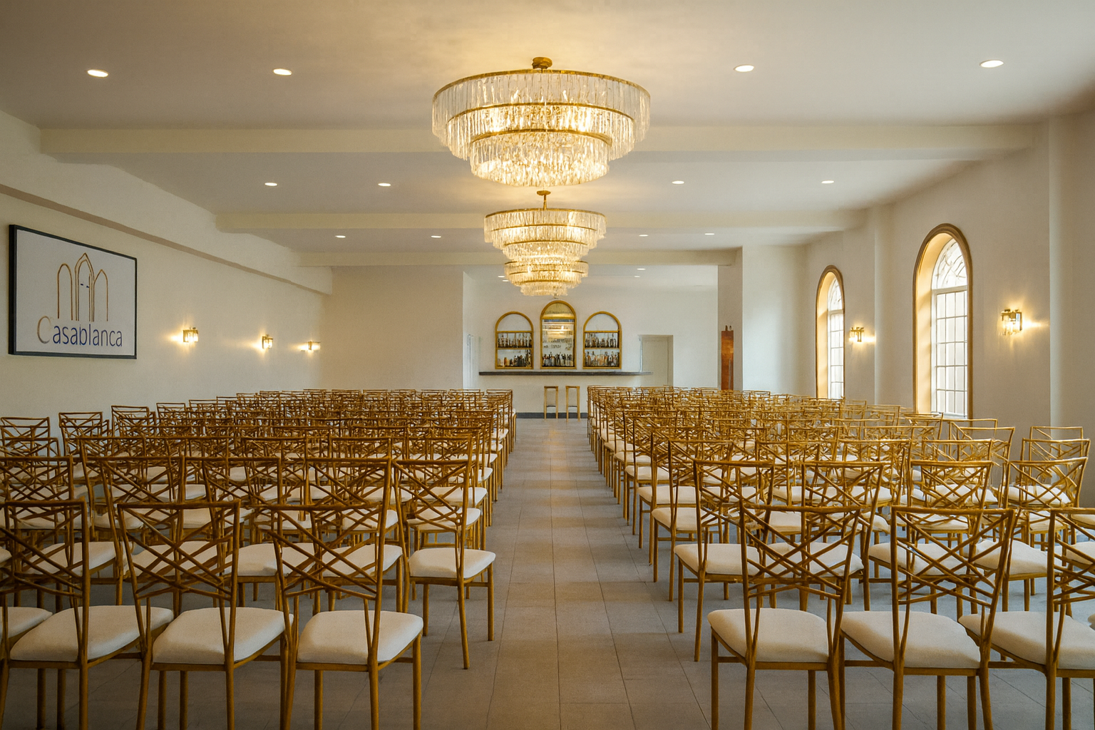 An empty Casablanca wedding venue with rows of gold chairs, chandeliers, and a bar area.