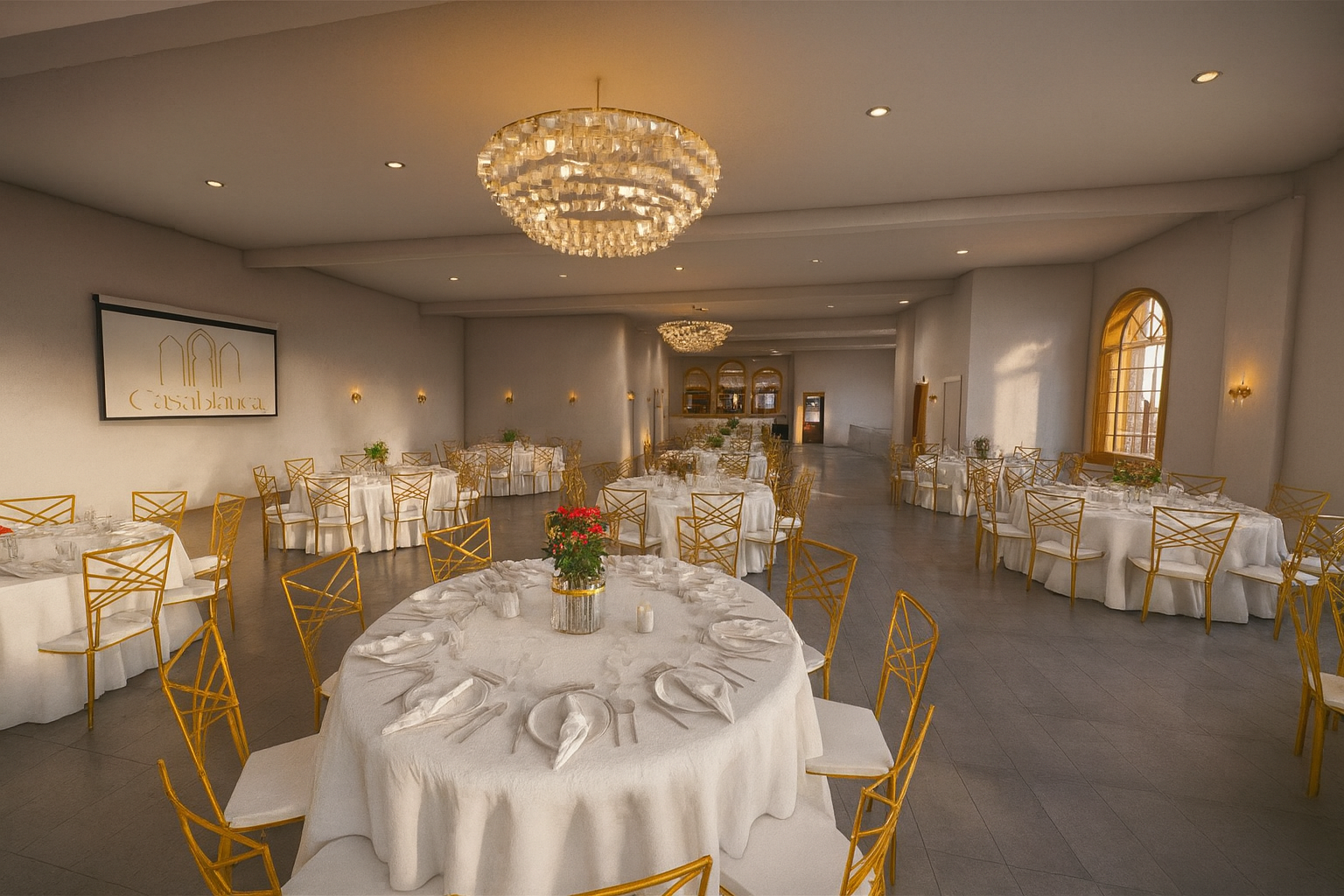 Elegant banquet hall at Casablanca with round tables set for a formal event; gold chairs and chandeliers.