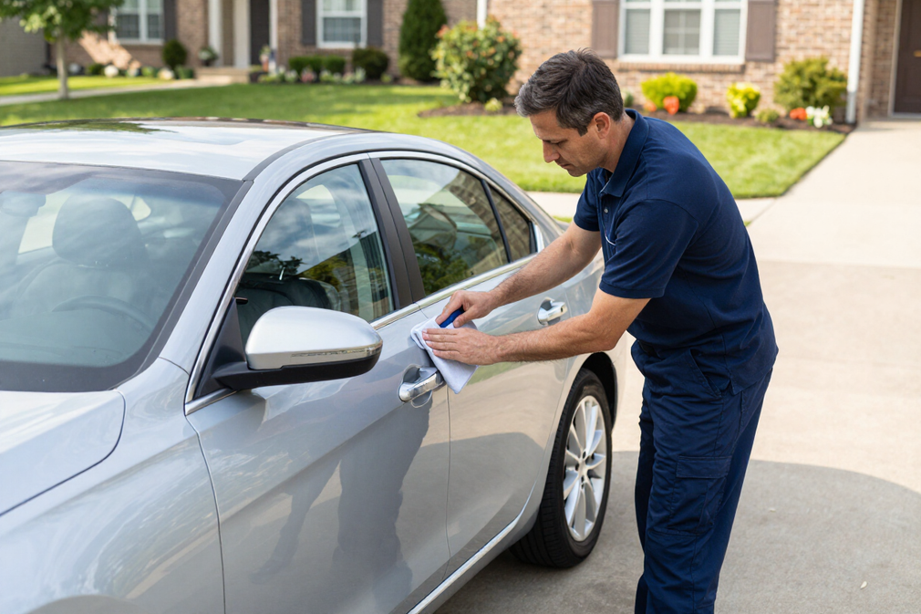 Nick Munoz II, founder of Nick of Time Mobile Auto Details, working hands-on at a client's vehicle