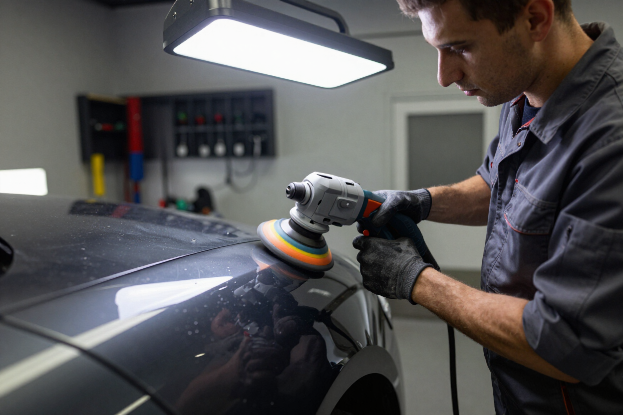 Nick of Time technician using a dual-action polisher on a vehicle panel during paint correction