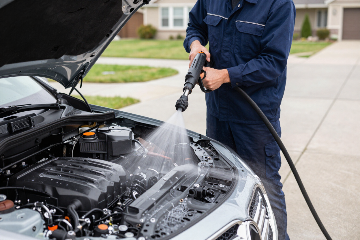 Technician performing engine bay pressure wash on location