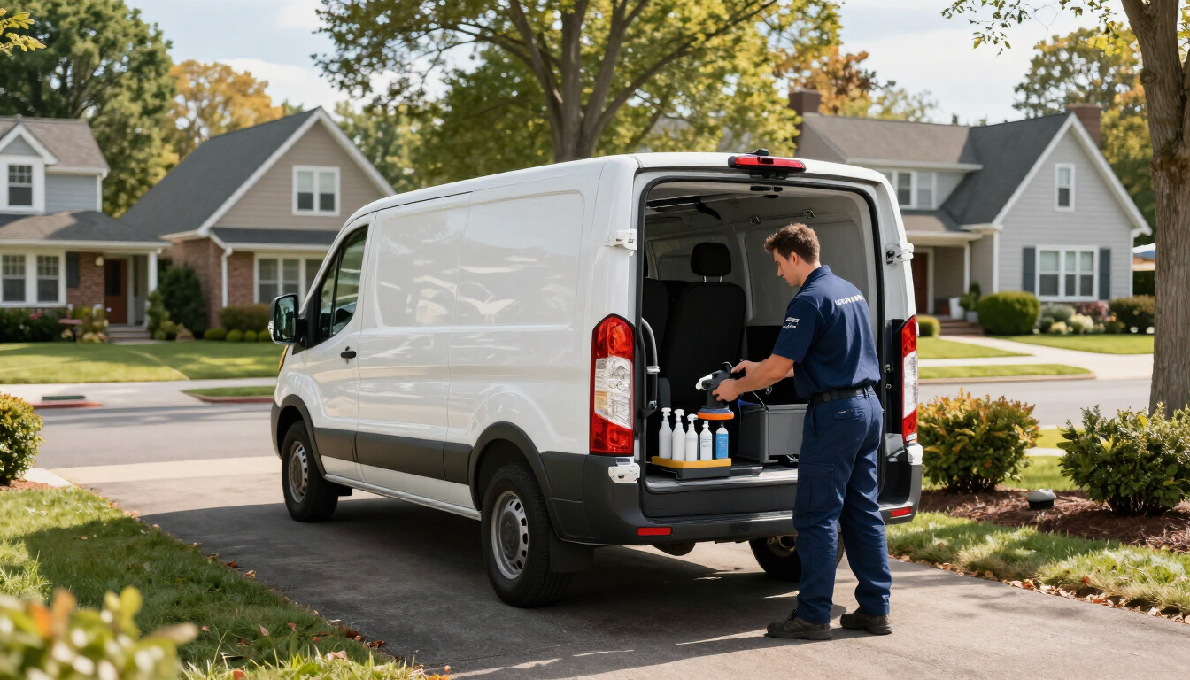 Nick of Time service vehicle arriving at a residential driveway for mobile engine detailing