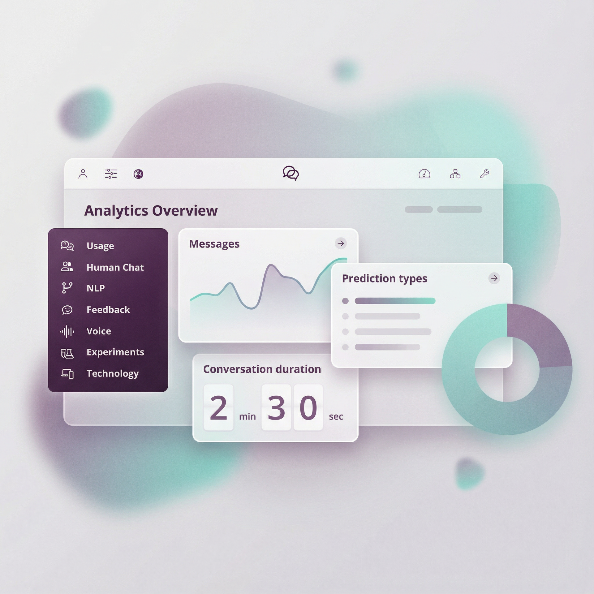 Analytics dashboard with charts, graphs, and data visualization elements in shades of purple and green.