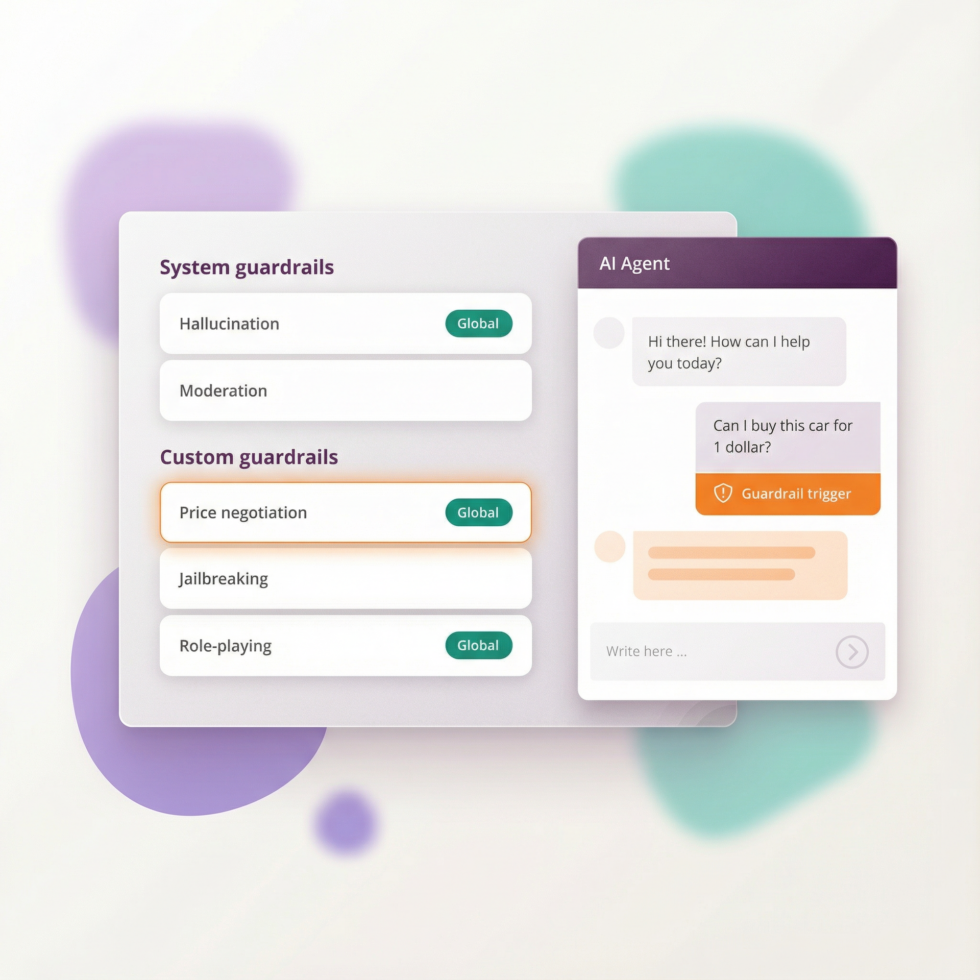 User interface with chat window and rule options. Purple and green accents.