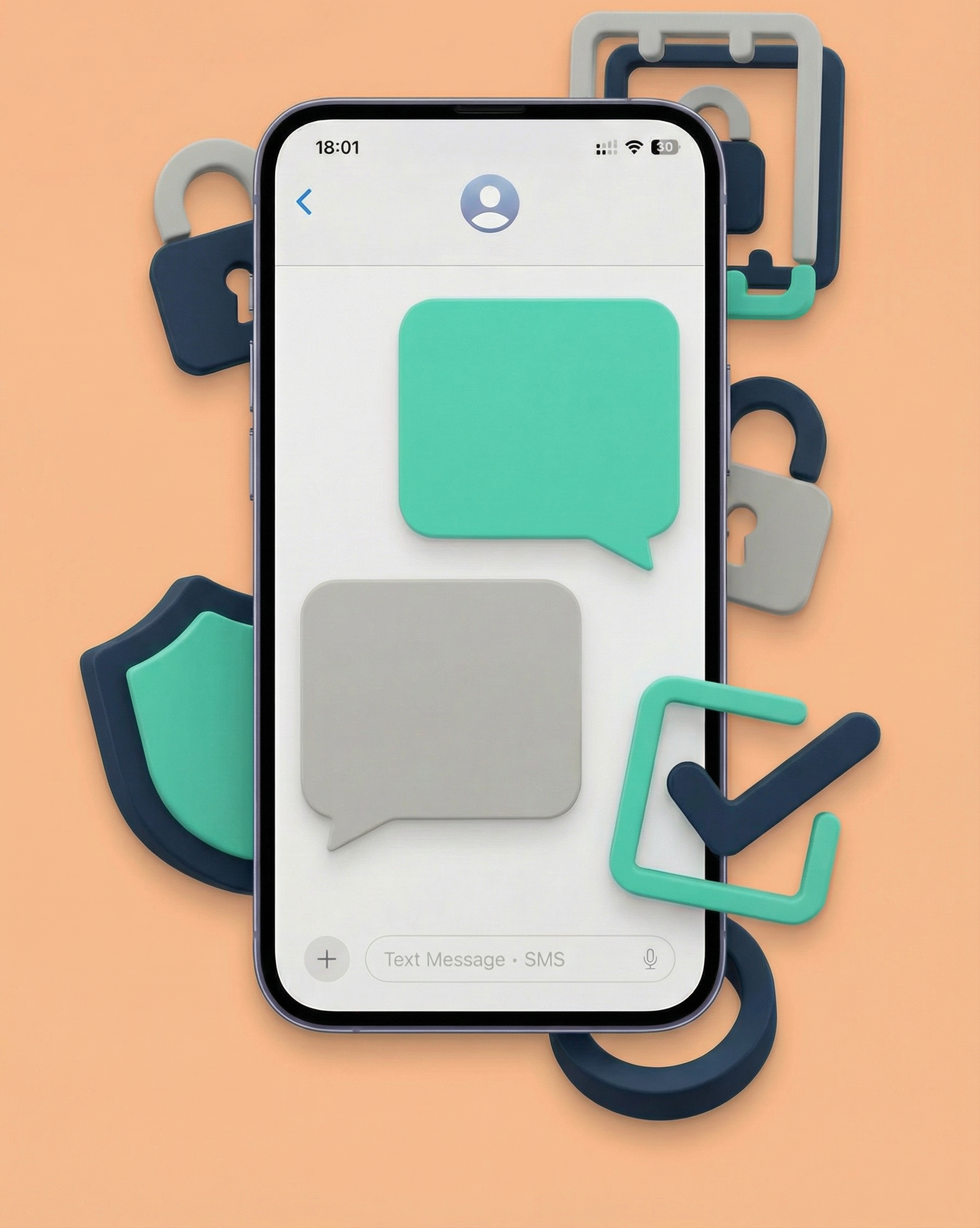 Smartphone showing chat bubbles, surrounded by security icons in teal and gray, on an orange background.