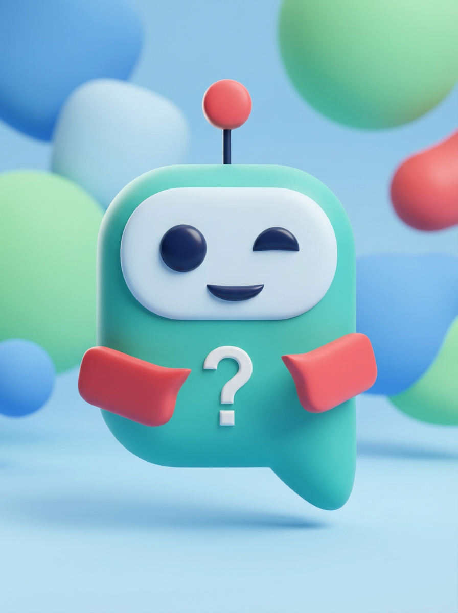 Temnozelen robotski klepetalni mehurček pomežikne, dvigne roke in ima vprašaj na prsih, obdan z barvitimi oblikami.