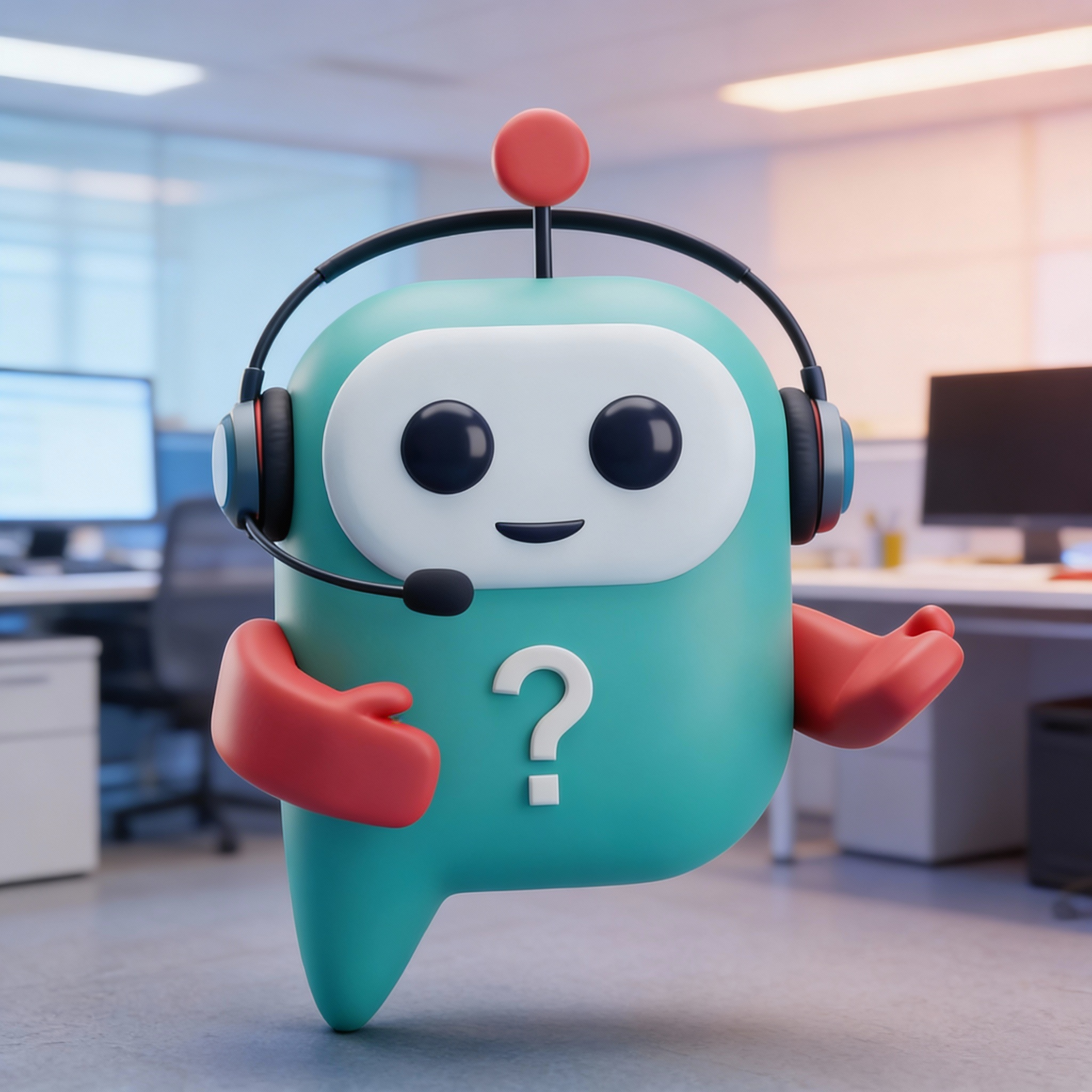 Turquoise chatbot with headset and question mark, gesturing in office setting.