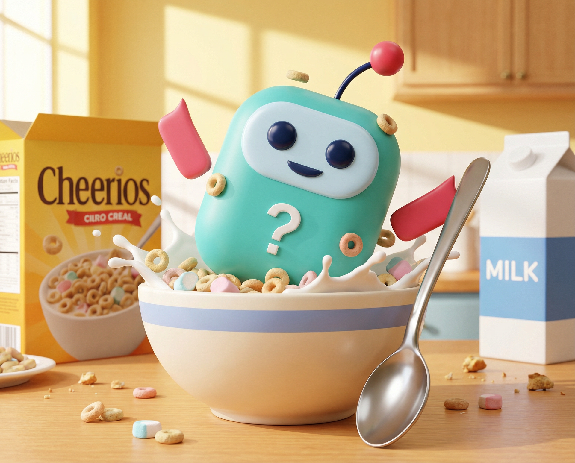 Cartoon robot in a cereal bowl, splashing milk with Cheerios box and milk carton in the background.