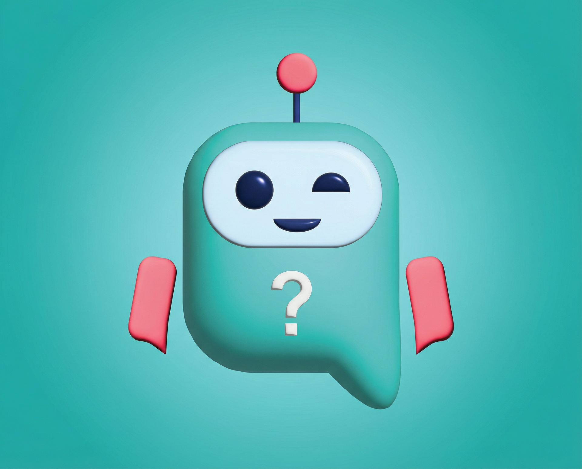 Teal 3D cartoon robot with a question mark winking, arms out, against a teal background.