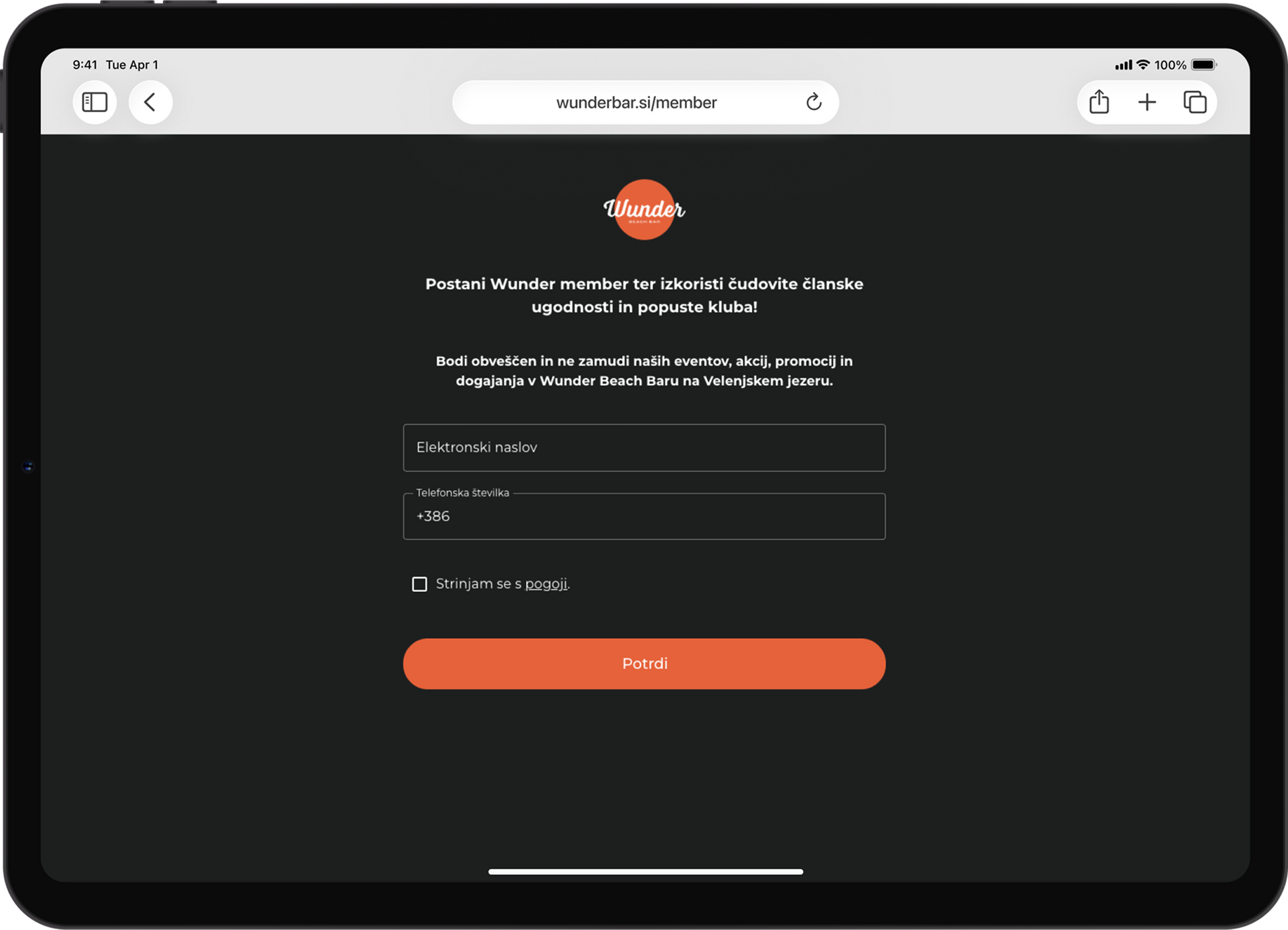 IPad screen with a website signup form, including email, name, and orange 