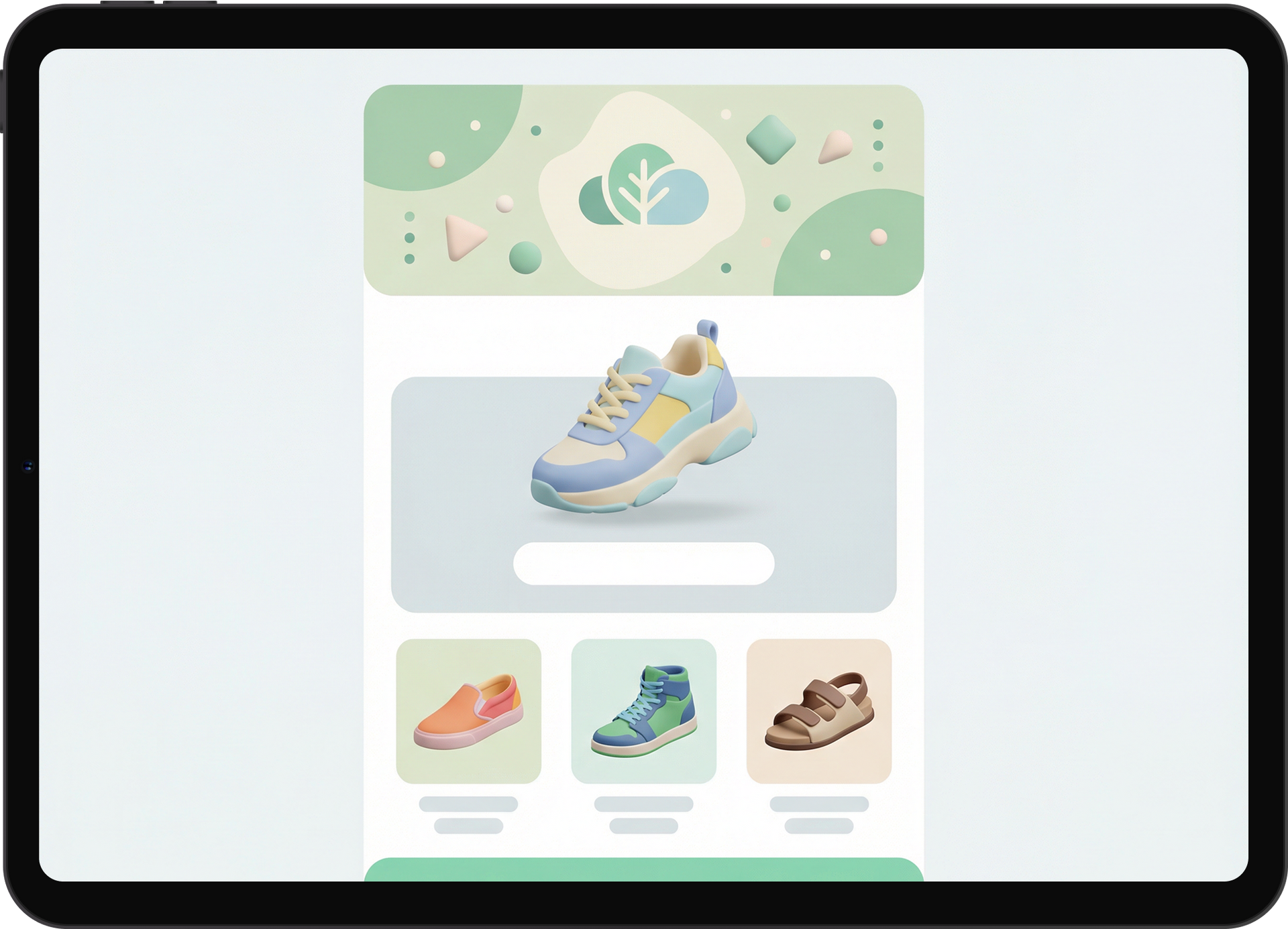 Tablet screen displaying a shoe e-commerce app: a pastel blue, yellow, and white sneaker is featured.