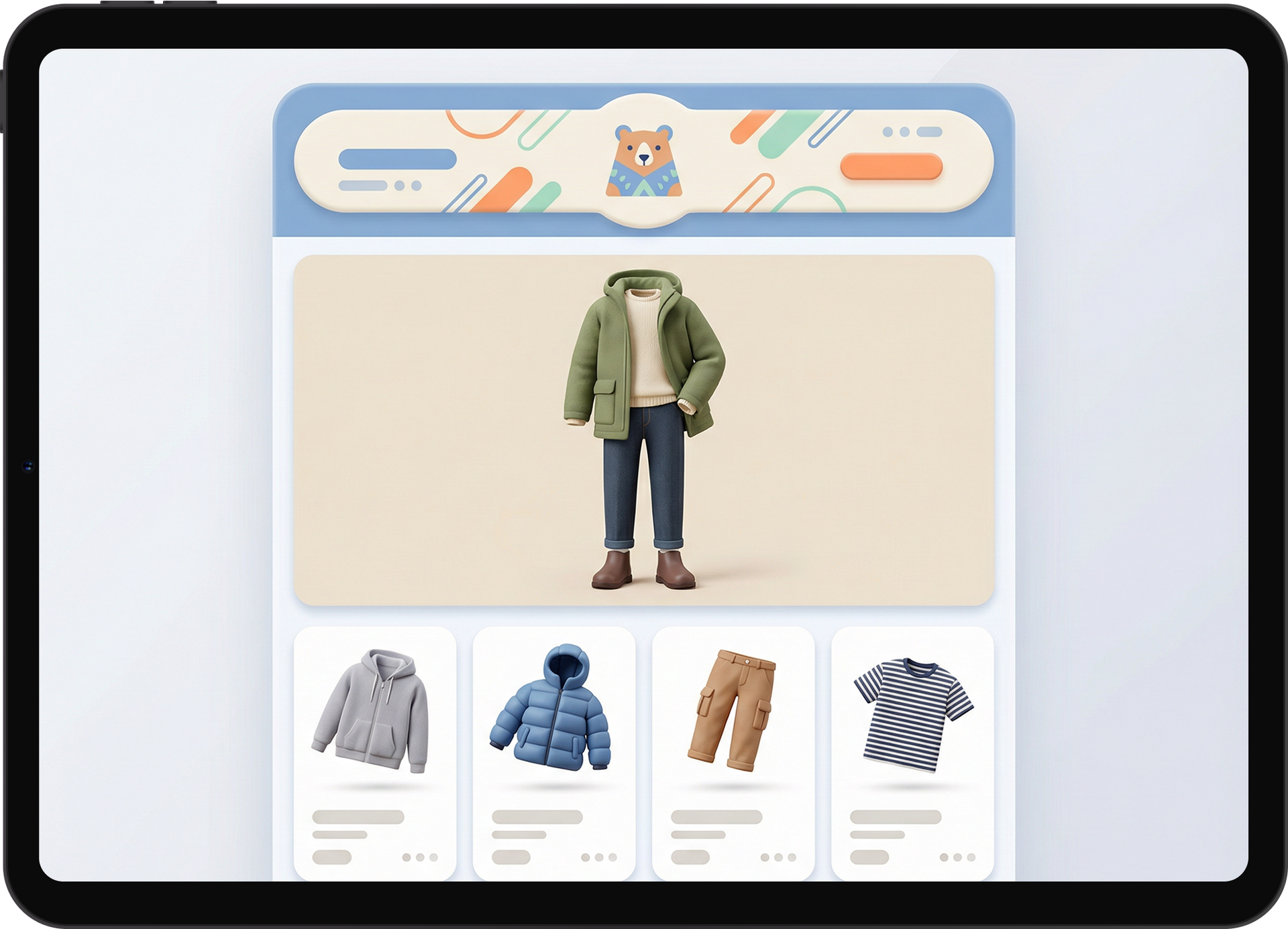 Tablet displaying clothing, with a central outfit and shopping options below.