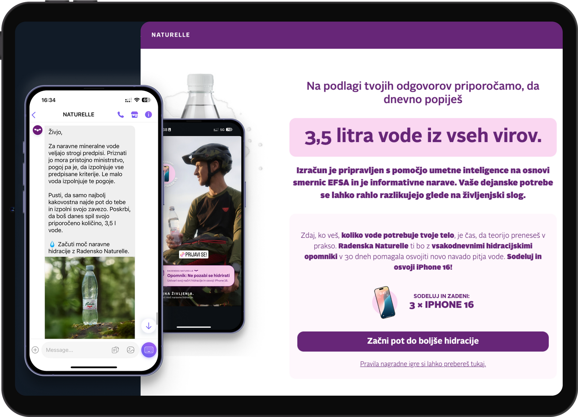 Mobile and tablet screens displaying a webpage about drinking 3.5 liters of water daily. A man is shown on one screen.