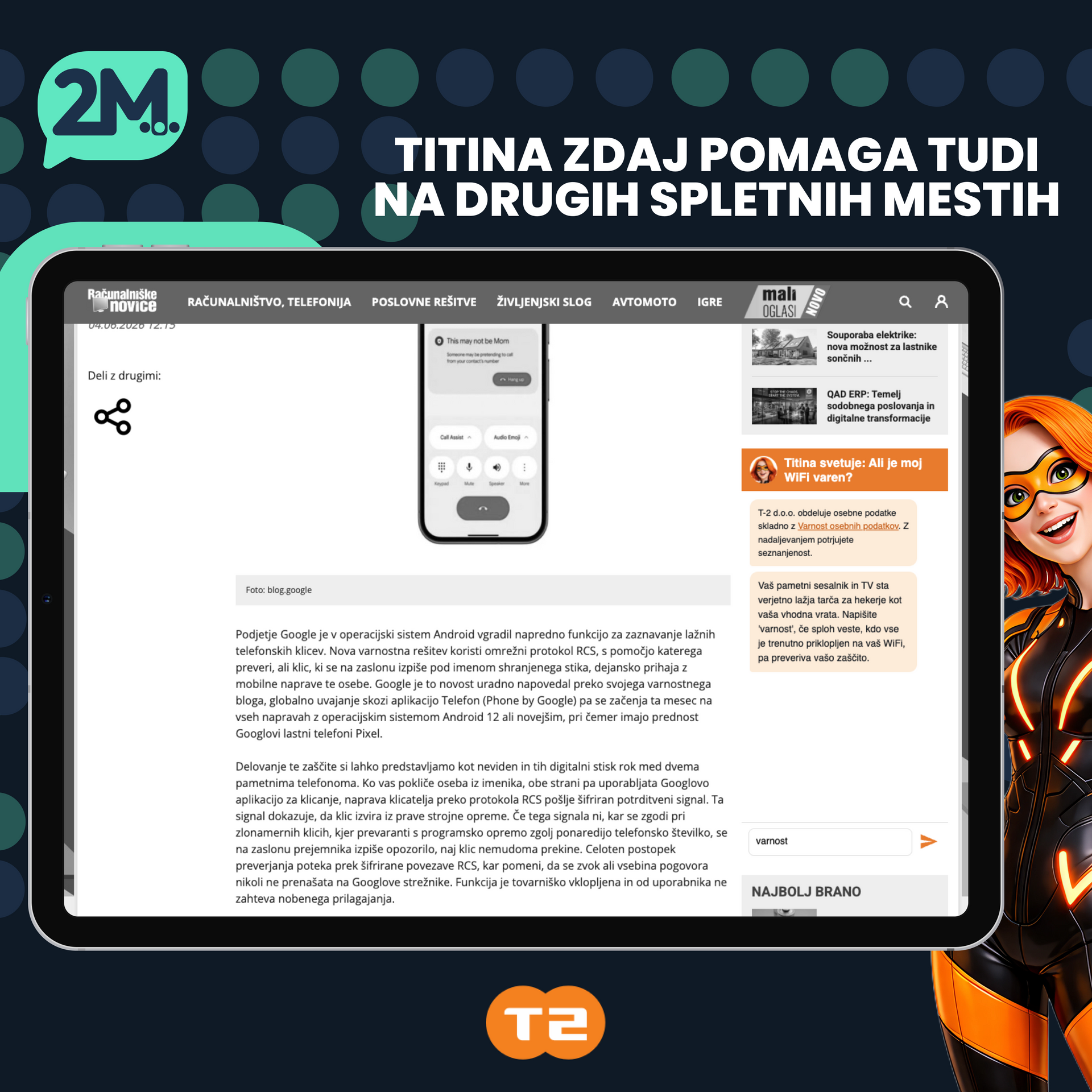 Spletna stran s predogledom za telefon in slovenskim besedilom, ki promovira podporo spletne strani »2M«