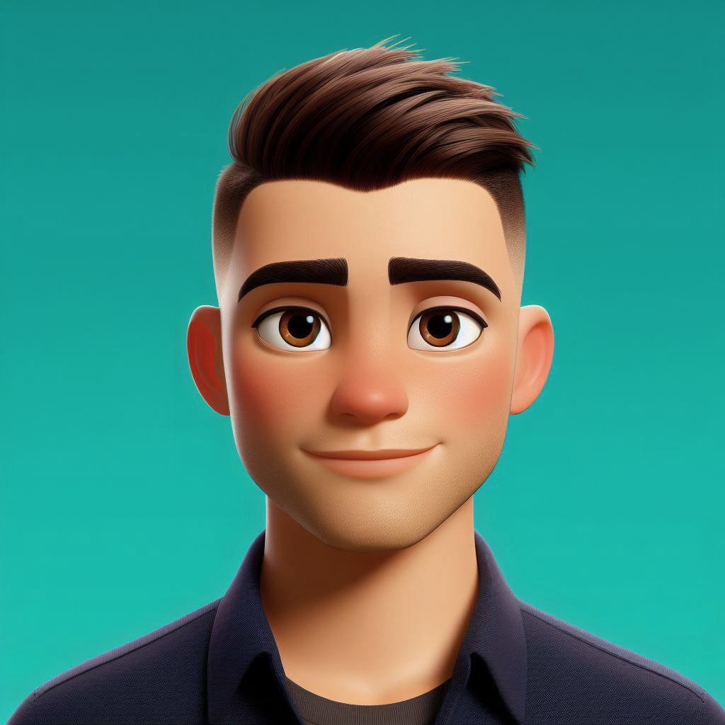 Cartoon man with brown hair and eyes, smiling, wearing a dark blue shirt, teal background.